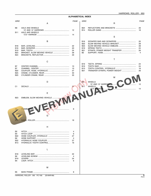 John Deere 950 Roller Harrow Parts Catalog PC1180 03MAR88 5
