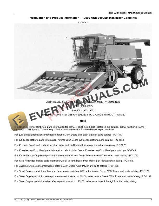 John Deere 9500 AND SIDEHILL 9500 MAXIMIZER COMBINES Parts Catalog PC2179 10SEP26-3