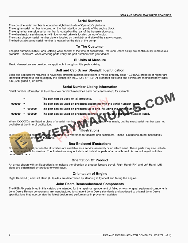 John Deere 9500 AND SIDEHILL 9500 MAXIMIZER COMBINES Parts Catalog PC2179 10SEP26-4