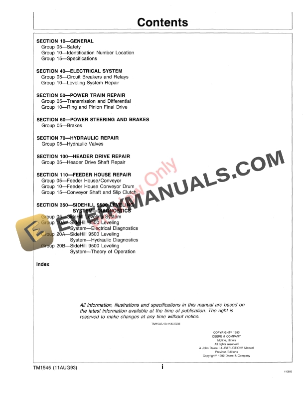 John Deere 9500 Sidehill Combine Technical Manual TM1545 11AUG93 5