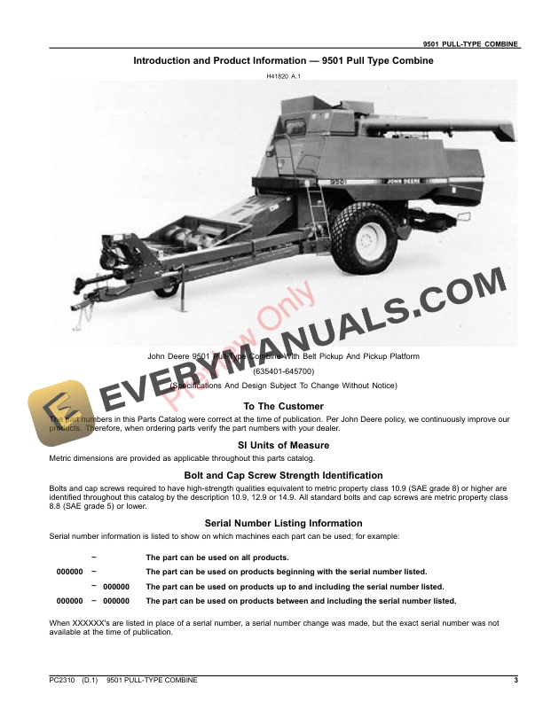 John Deere 9501 PULL-TYPE COMBINE Parts Catalog PC2310 03OCT23-3