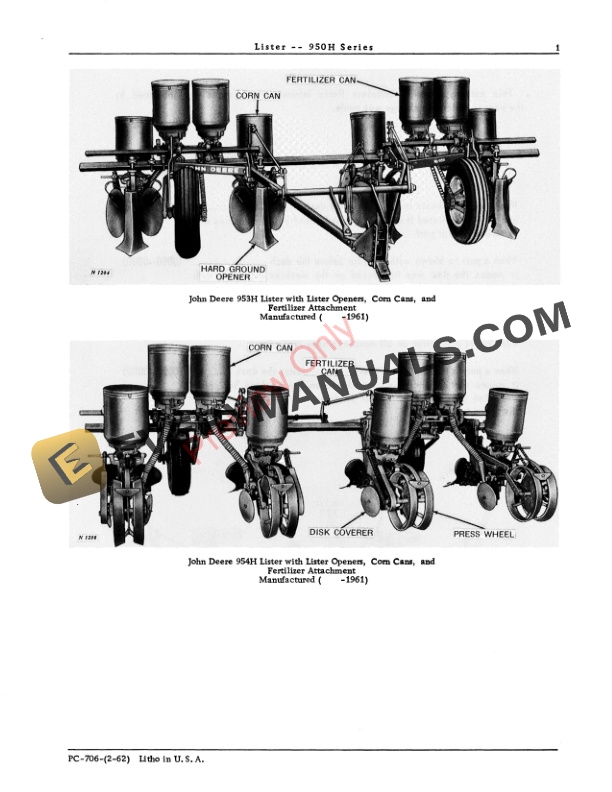 John Deere 950H Series Listers Parts Catalog PC706 01FEB62-3