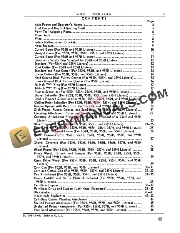 John Deere 950H Series Listers Parts Catalog PC706 01FEB62-5