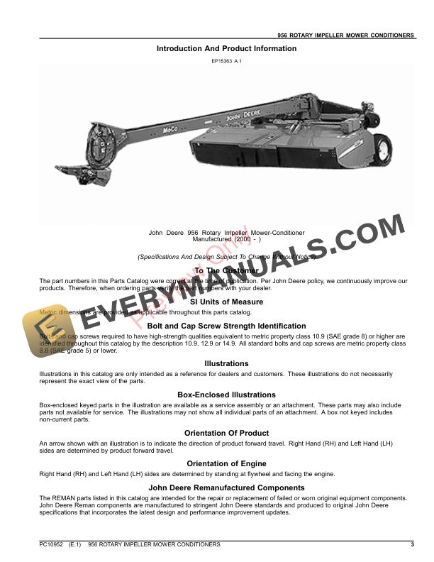 John Deere 956 ROTARY IMPELLER MOWER CONDITIONERS Parts Catalog PC10952 08SEP23 3