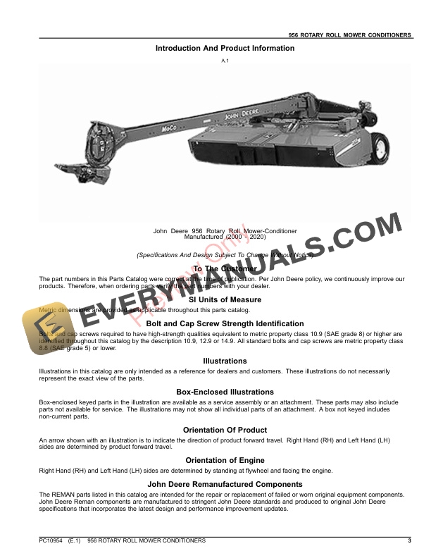 John Deere 956 ROTARY ROLL MOWER CONDITIONERS Parts Catalog PC10954 20AUG23 3