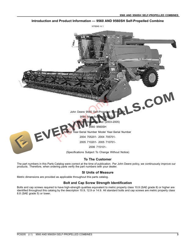 John Deere 9560 AND 9560SH SELF-PROPELLED COMBINE Parts Catalog PC9205 24AUG23-3