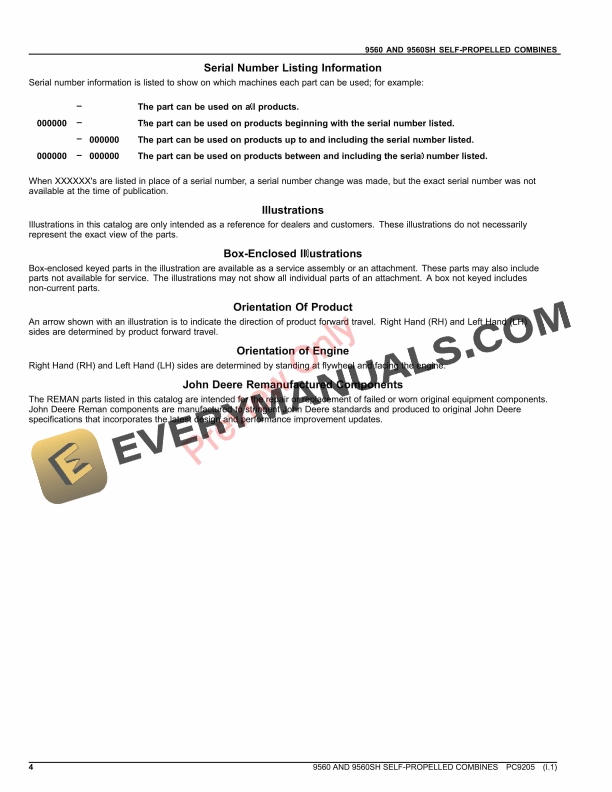 John Deere 9560 AND 9560SH SELF-PROPELLED COMBINE Parts Catalog PC9205 24AUG23-4