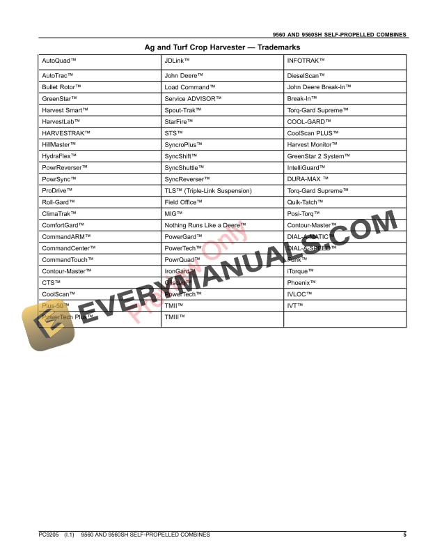 John Deere 9560 AND 9560SH SELF-PROPELLED COMBINE Parts Catalog PC9205 24AUG23-5