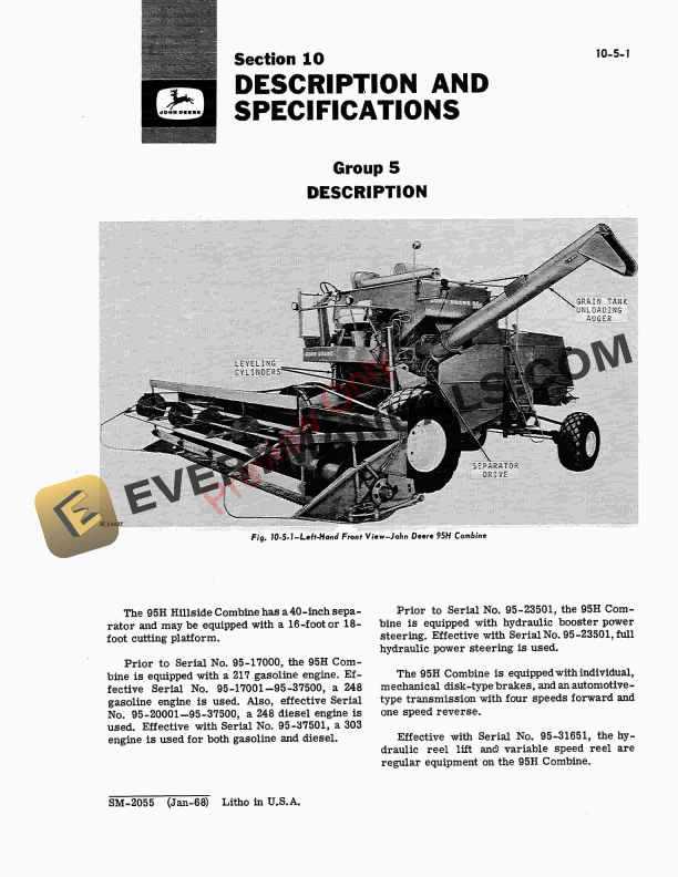 John Deere 95H Hillside Combine Service Manual SM2055 01JAN68 6 John Deere 95H Hillside Combine Service Manual SM2055 01JAN68 5