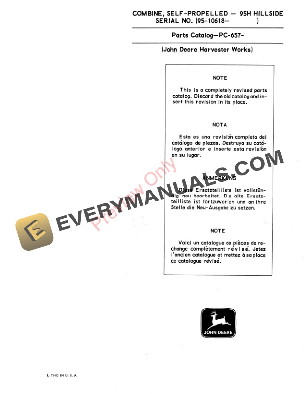 John Deere 95H Hillside Self-Propelled Combine (010618-) Parts Catalog PC657 01NOV68 4 John Deere 95H Hillside Self-Propelled Combine (010618-) Parts Catalog PC657 01NOV68-3