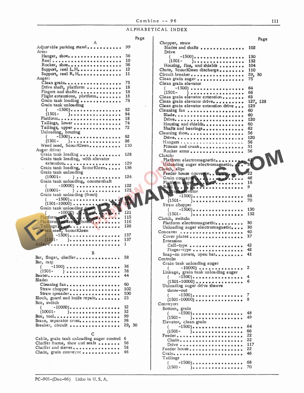 John Deere 96 Combine Parts Catalog PC901 01DEC66-5