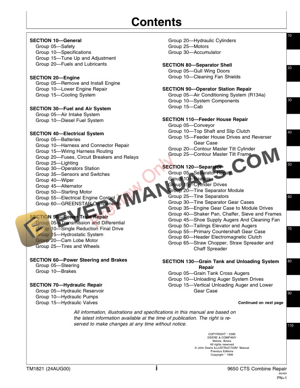 John Deere 9650 CTS Combine Technical Manual TM1821 24AUG00 3