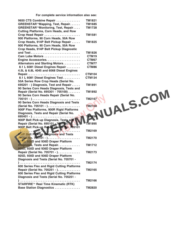 John Deere 9650 CTS Combine Technical Manual TM1822 01MAY04 2