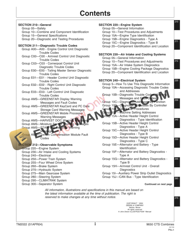 John Deere 9650 CTS Combine Technical Manual TM2022 01APR04 5