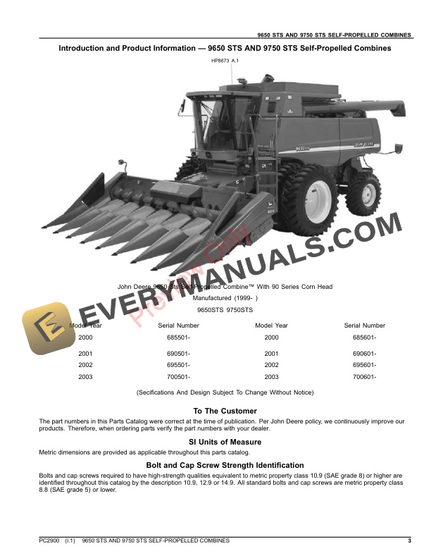 John Deere 9650 STS AND 9750 STS SELF-PROPELLED COMBINES Parts Catalog PC2900 15OCT23-3