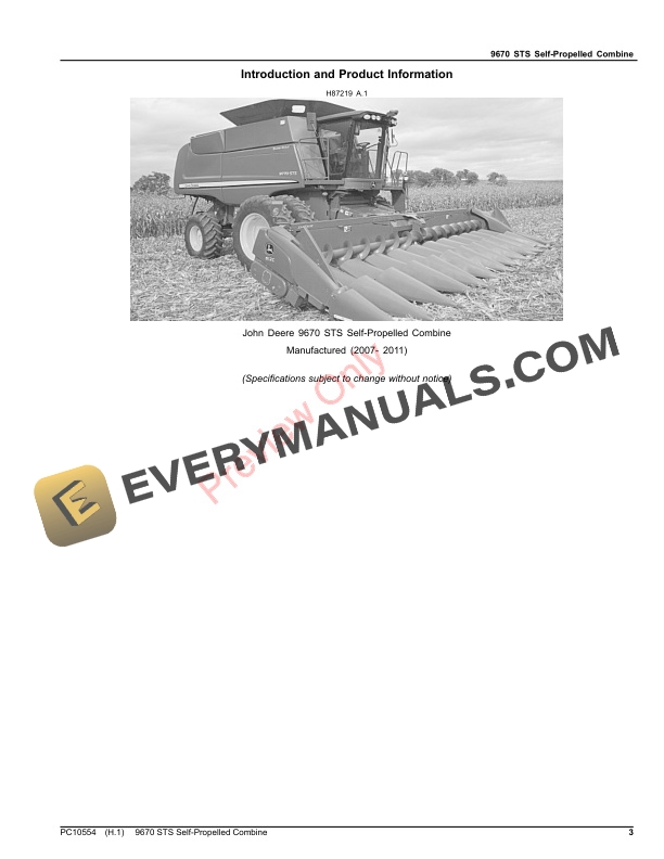 John Deere 9670 STS Self Propelled Combine Parts Catalog PC10554 12NOV23 3