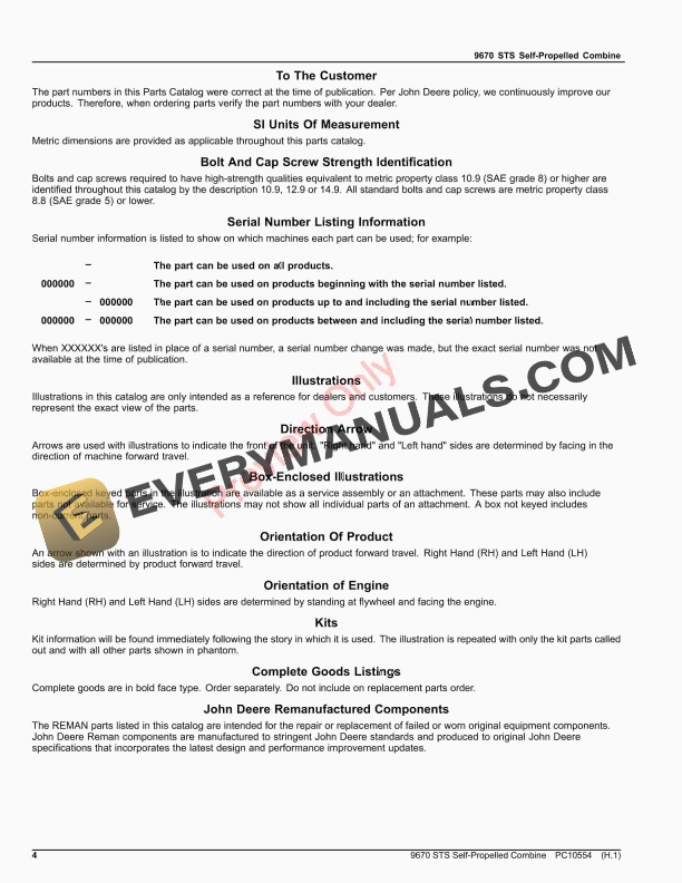 John Deere 9670 STS Self Propelled Combine Parts Catalog PC10554 12NOV23 4