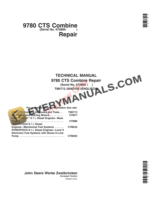 John Deere 9780 CTS Combines Technical Manual TM4712 25NOV02-1