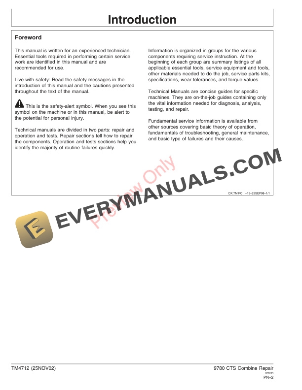 John Deere 9780 CTS Combines Technical Manual TM4712 25NOV02 2