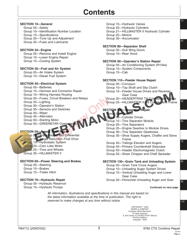 John Deere 9780 CTS Combines Technical Manual TM4712 25NOV02 3