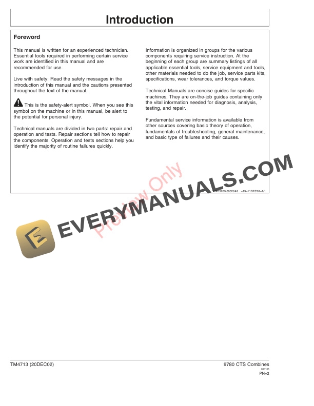 John Deere 9780 CTS Combines Technical Manual TM4713 20DEC02 2