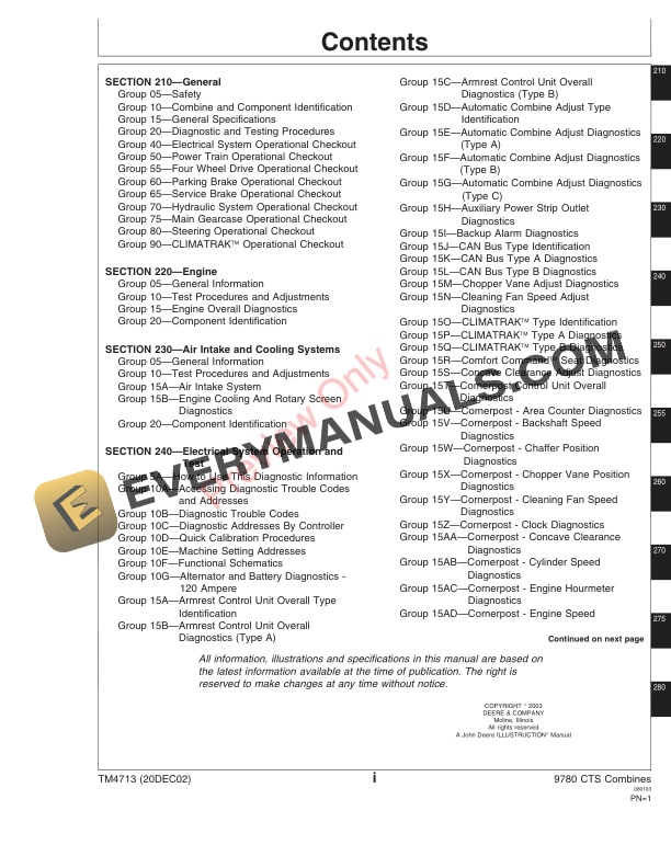 John Deere 9780 CTS Combines Technical Manual TM4713 20DEC02 3