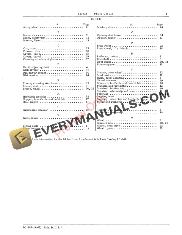 John Deere 982H, 983H, 984H (980H Series) Listers Parts Catalog PC983 01SEP65 6 John Deere 982H, 983H, 984H (980H Series) Listers Parts Catalog PC983 01SEP65-5