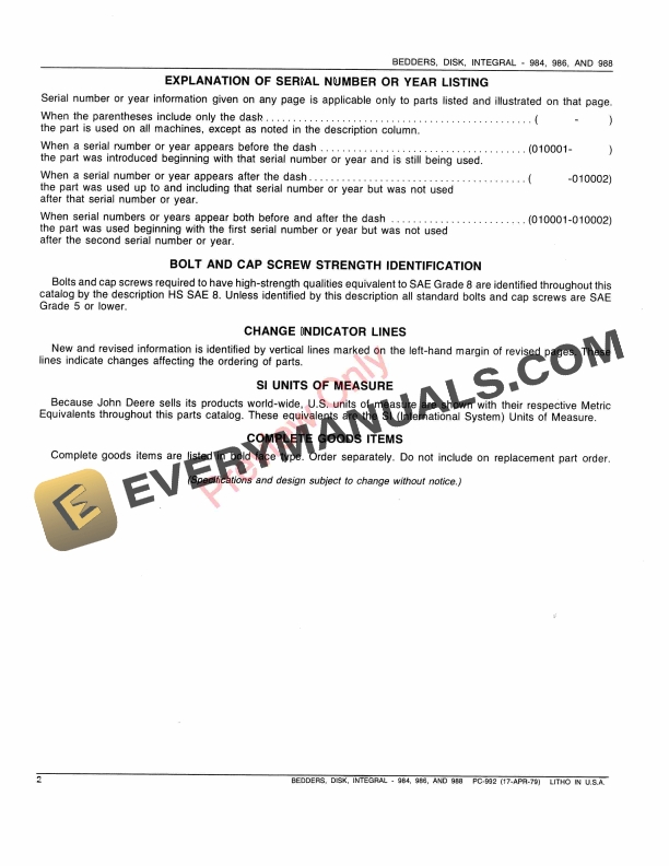 John Deere 984, 986 and 988 Integral Disk Bedders Parts Catalog PC992 17APR79-4