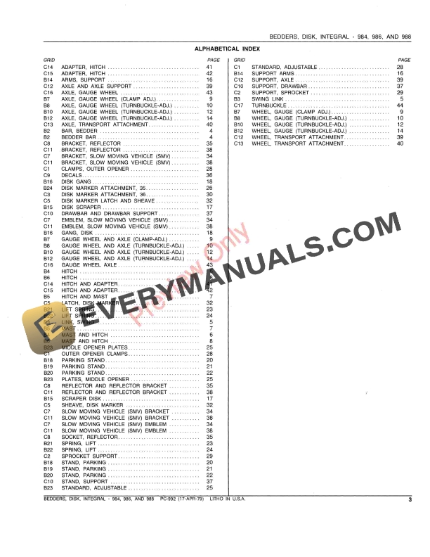 John Deere 984, 986 and 988 Integral Disk Bedders Parts Catalog PC992 17APR79-5