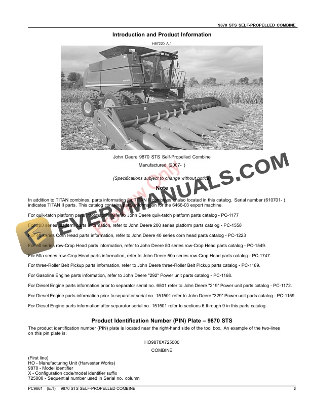 John Deere 9870 STS COMBINE Parts Catalog PC9661 19NOV23-3