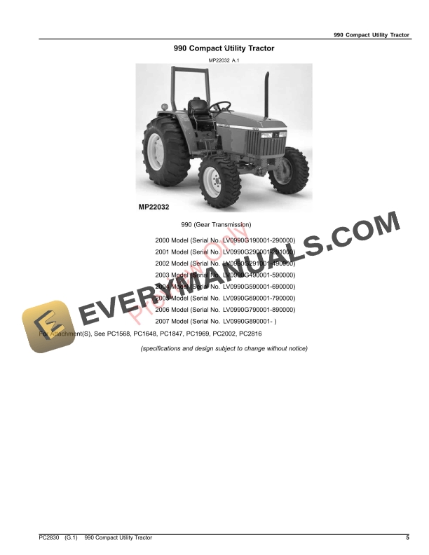 John Deere 990 COMPACT UTILITY TRACTOR Parts Catalog PC2830 06AUG23-5