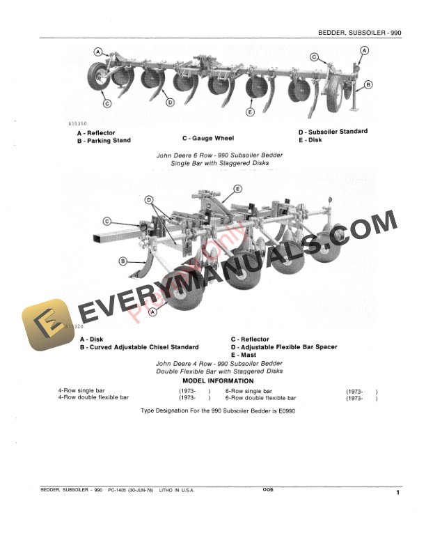 John Deere 990 Subsoiler Bedder Parts Catalog PC1405 30JUN78-3
