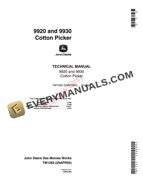John Deere 9920 and 9930 Cotton Picker Technical Manual TM1283 29APR94-1