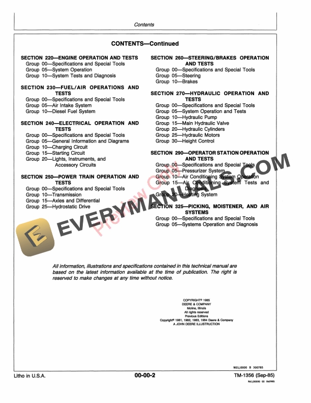 John Deere 9940 Cotton Picker Technical Manual TM1356 01SEP85 4