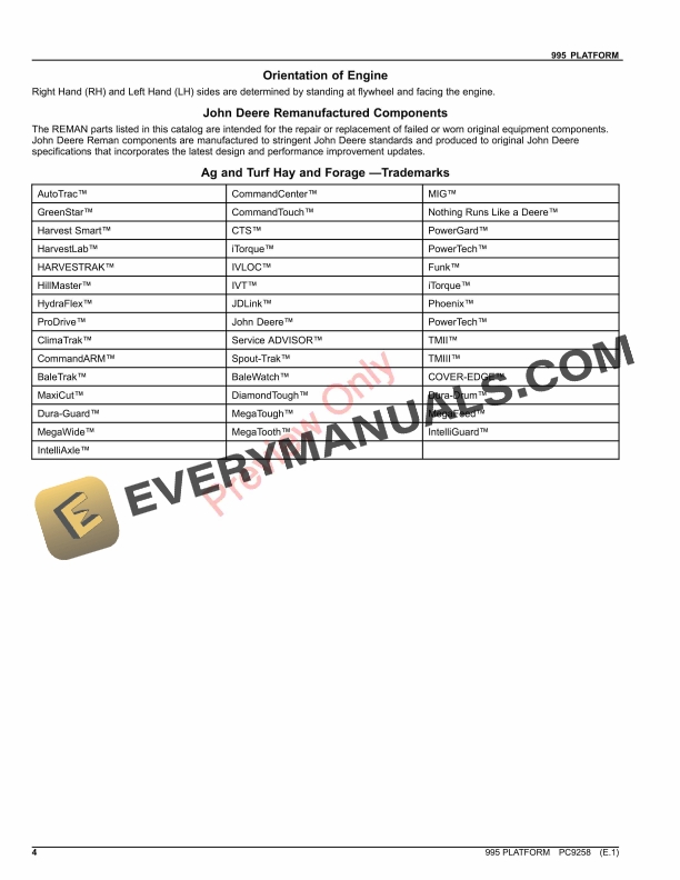 John Deere 995 PLATFORM Parts Catalog PC9258 03FEB23-4