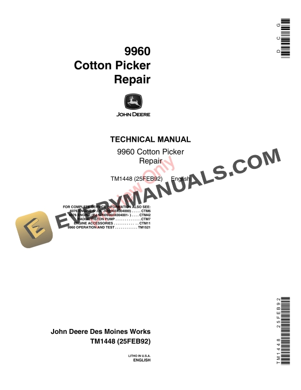 John Deere 9960 Cotton Picker Technical Manual TM1448 25FEB92-1