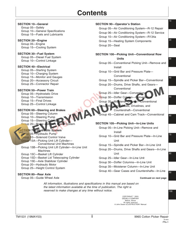 John Deere 9965 Cotton Pickers Technical Manual TM1531 19MAY03 3
