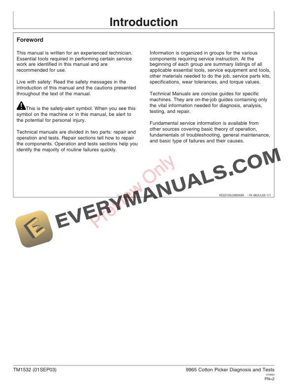 John Deere 9965 Cotton Pickers Technical Manual TM1532 01SEP03 2