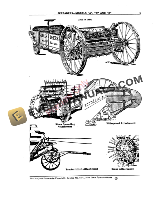 John Deere A, B, C, D, E, ET, H, HH, K, PA, P Manure Spreaders Parts Catalog PCC63 01JUL56-5