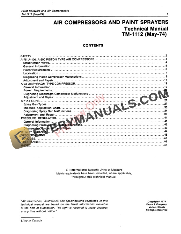 John Deere A100 A200 133 and A75 AIR COMPRESSOR Technical Manual TM1112 01MAY74 English French 3