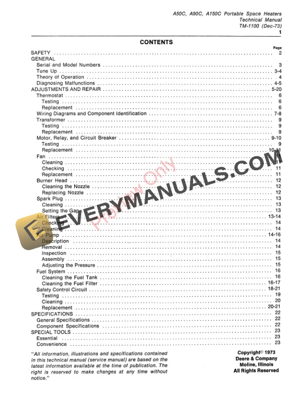 John Deere A150C A50C and A90C SPACE HEATER Technical Manual TM1100 01DEC73 3