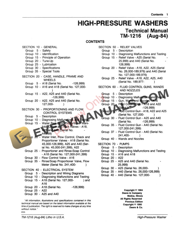 John Deere A16 A18 A22 A25 and A40 HIGH PRESSURE WASHER Technical Manual TM1216 01AUG84 3