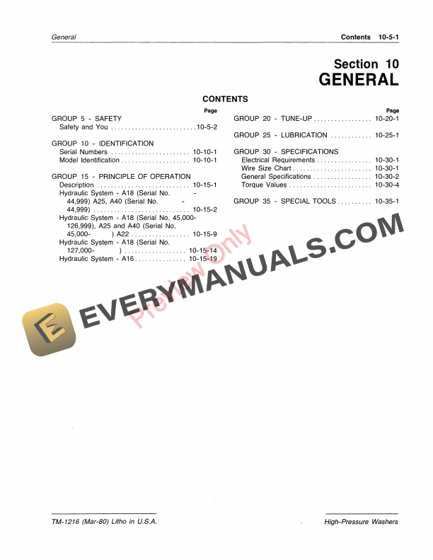 John Deere A16 A18 A22 A25 and A40 HIGH PRESSURE WASHER Technical Manual TM1216 01AUG84 5