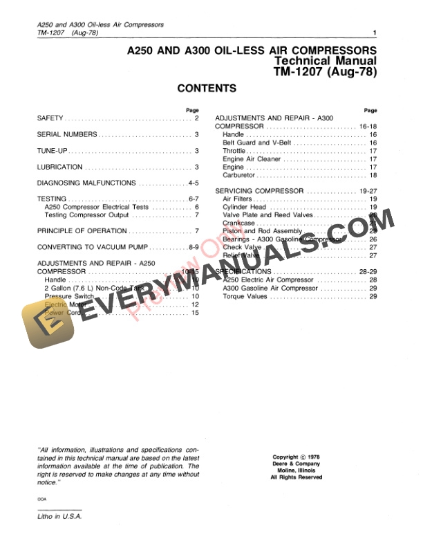 John Deere A250 and A300 AIR COMPRESSOR Technical Manual TM1207 01AUG78 3