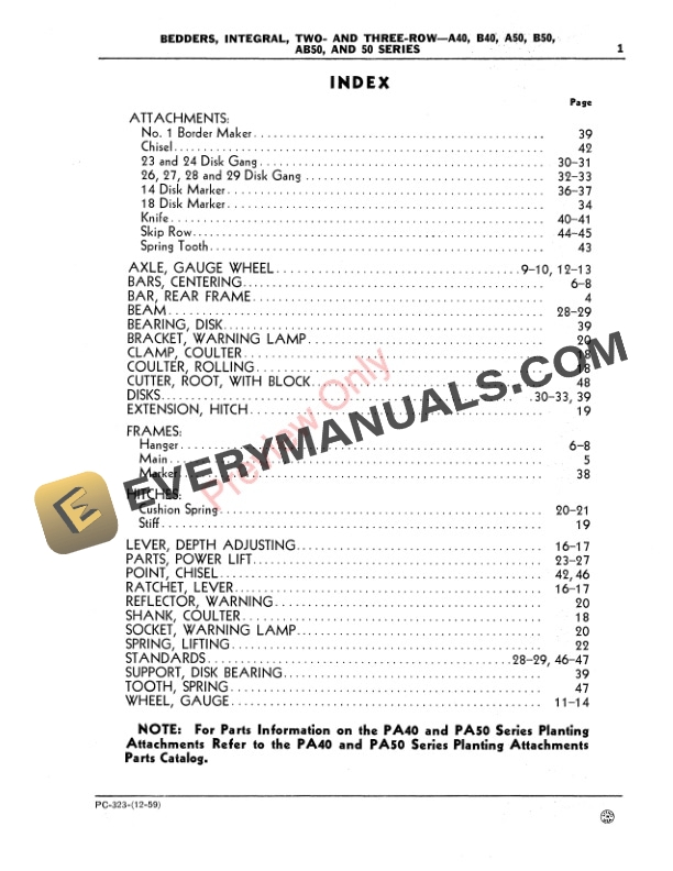 John Deere A40, B40, A50, B50, AB50, 50 Integral Bedders, 2-, 3-Row Parts Catalog PC323 01DEC59-3