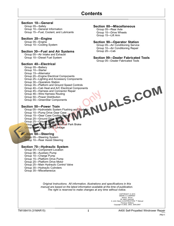 John Deere A400 Self Propelled Windrower Technical Manual TM106419 31MAR15 3