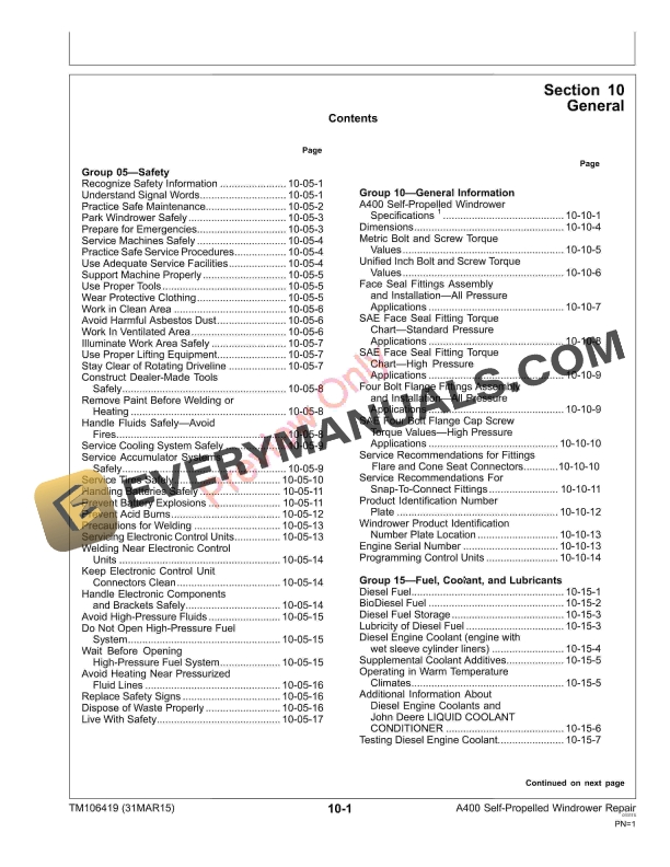 John Deere A400 Self Propelled Windrower Technical Manual TM106419 31MAR15 5