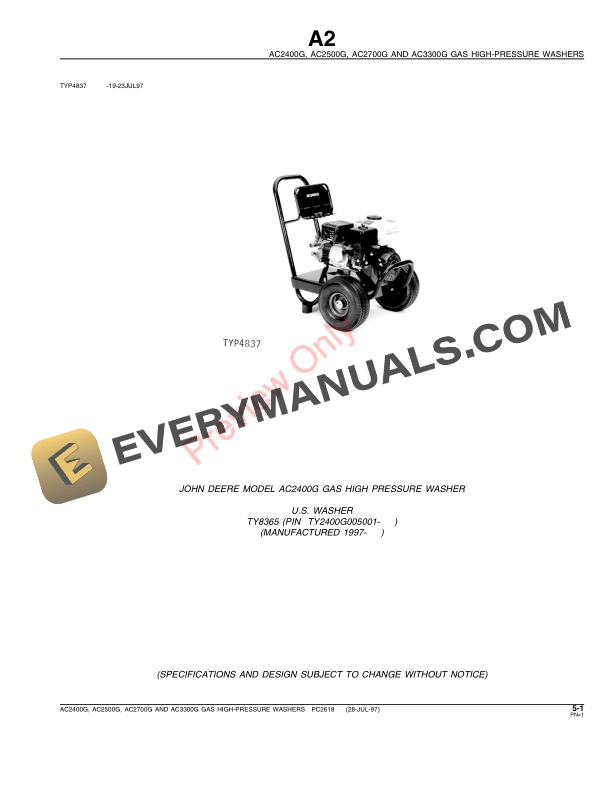 John Deere AC2400G, AC2500G, AC2700G and AC3300G High-Pressure Washers Parts Catalog PC2618 28JUL97-3