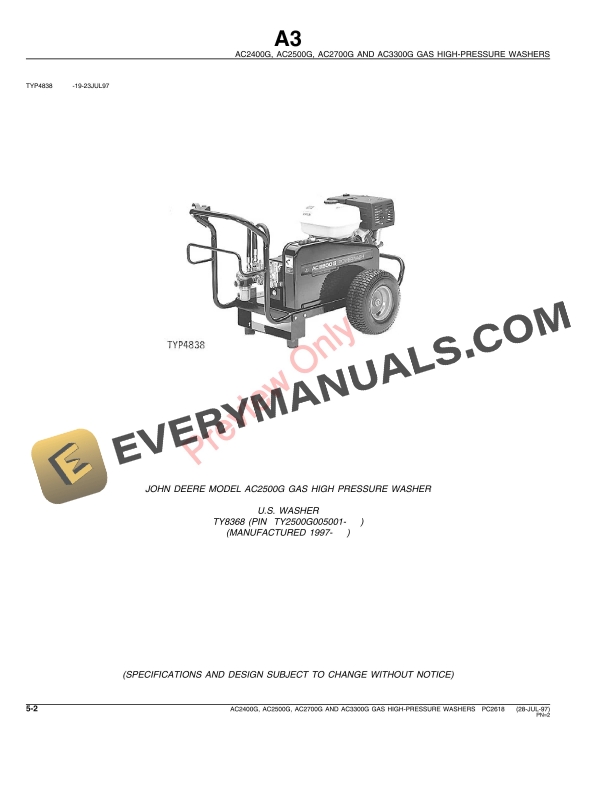 John Deere AC2400G, AC2500G, AC2700G and AC3300G High-Pressure Washers Parts Catalog PC2618 28JUL97-4