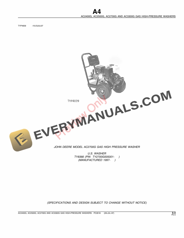 John Deere AC2400G, AC2500G, AC2700G and AC3300G High-Pressure Washers Parts Catalog PC2618 28JUL97-5